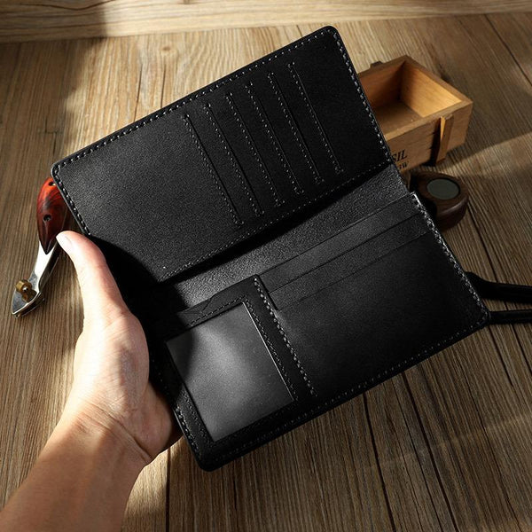 Handmade Black Leather Mens Bifold Long Wallets Personalized Black Checkbook Wal LJJY02581037