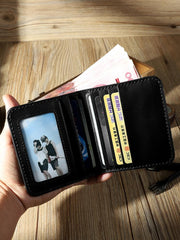 Handmade Black Leather Mens Billfold Wallets Personalize Black Bifold Small Wallets for Men
