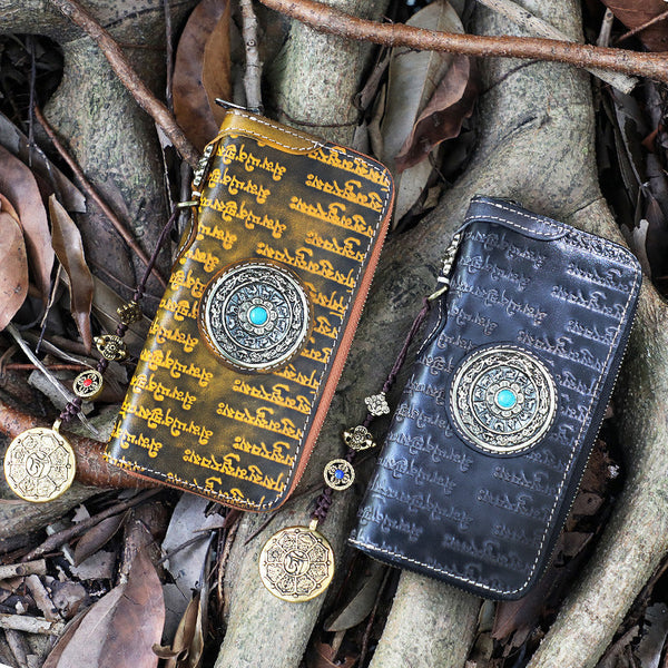 Handmade Leather Tibetan Scriptures Long Biker Wallet - Back View