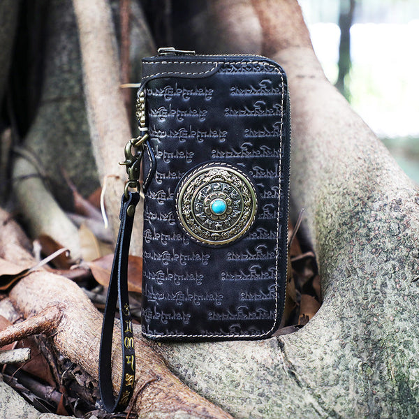Handmade Tan Leather Tibetan Scriptures Long Wallet Tooled Zipper Clutch Wristle KBPJ02051019