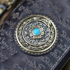 Handmade Leather Tibetan Scriptures Long Biker Wallet Tooled Zipper Clutch Wristlet Wallet for Men