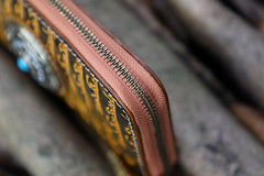 Handmade Leather Tibetan Scriptures Long Biker Wallet Tooled Zipper Clutch Wristlet Wallet for Men