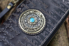 Handmade Tan Leather Tibetan Scriptures Long Wallet Tooled Zipper Clutch Wristlet Wallet for Men