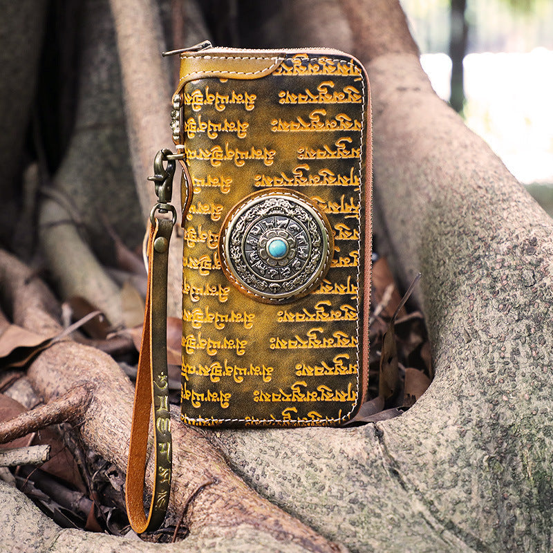 Handmade Tan Leather Tibetan Scriptures Long Wallet Tooled Zipper Clutch Wristlet Wallet for Men