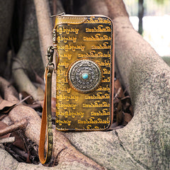 Handmade Leather Tibetan Scriptures Long Biker Wallet Tooled Zipper Clutch Wristlet Wallet for Men