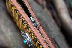 Handmade Leather Tibetan Scriptures Long Biker Wallet Tooled Zipper Clutch Wristlet Wallet for Men