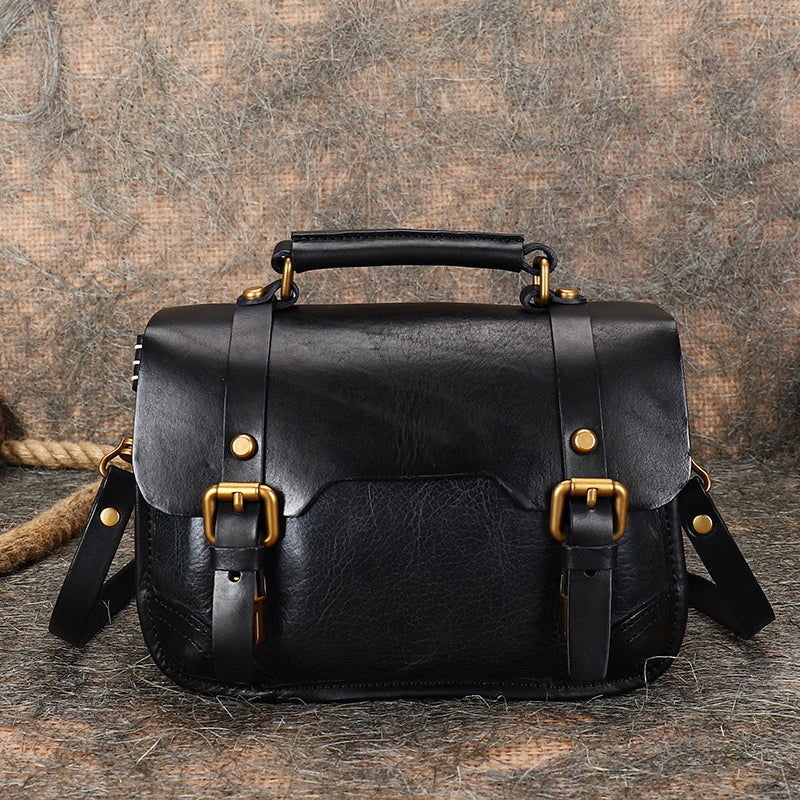 Handmade Black Leather Womens Satchel Shoulder Bag Small School Handbag Crossbody Purses for Ladies
