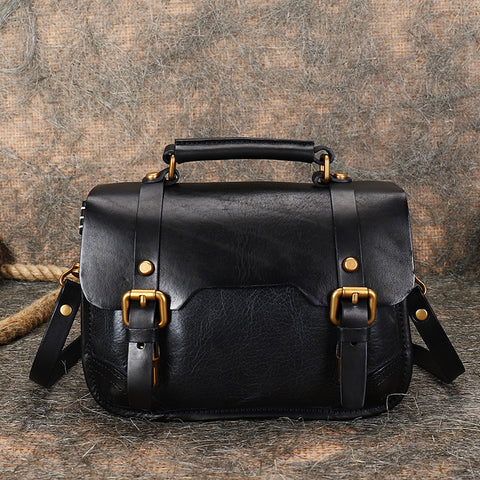 Handmade Black Leather Womens Satchel Shoulder Bag Small School Handbag Crossbody Purses for Ladies