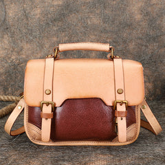 Handmade Beige Leather Womens Satchel Shoulder Bag Small School Handbag Crossbody Purses for Ladies