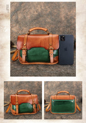 Handmade Beige Leather Womens Satchel Shoulder Bag Small School Handbag Crossbody Purses for Ladies
