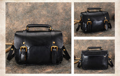 Handmade Black Leather Womens Satchel Shoulder Bag Small School Handbag Crossbody Purses for Ladies