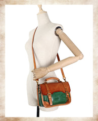 Handmade Beige Leather Womens Satchel Shoulder Bag Small School Handbag Crossbody Purses for Ladies