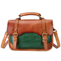 Handmade Green Leather Womens Satchel Shoulder Bag Small School Handbag Crossbody Purses for Ladies