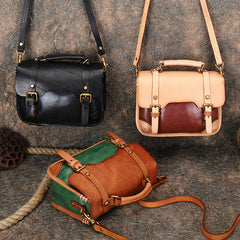 Handmade Beige Leather Womens Satchel Shoulder Bag Small School Handbag Crossbody Purses for Ladies