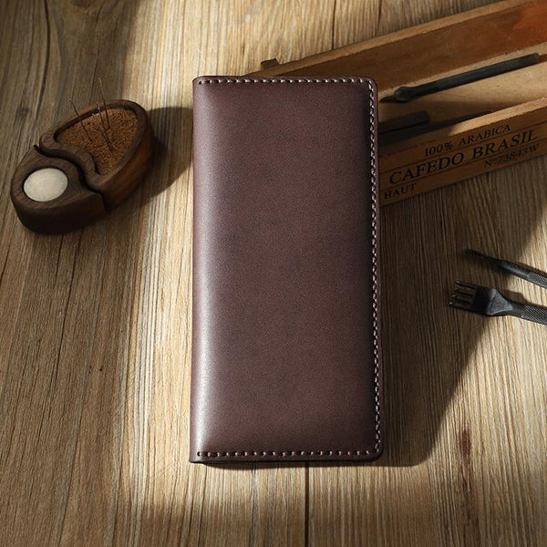 Handmade Coffee Mens Bifold Long Wallets Personalized Coffee  Leather Checkbook Wallets for Men