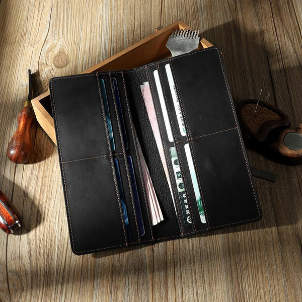 Handmade Black Slim Leather Mens Bifold Long Wallet Personalized Black Checkbook Wallets for Men