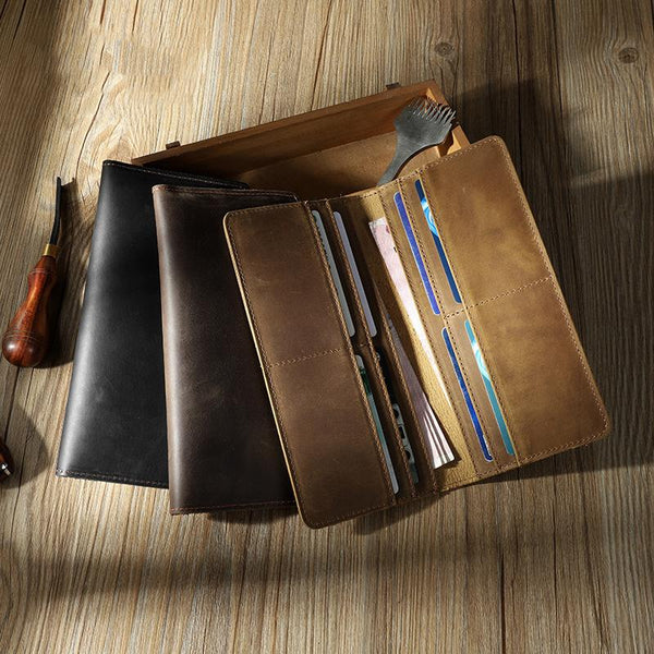 Handmade Slim Leather Mens Bifold Long Wallet Personalized Black Checkbook Wallets for Men