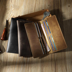 Handmade Coffee Slim Leather Mens Bifold Long Wallet Personalized Black Checkbook Wallets for Men