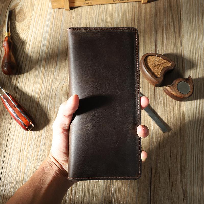 Handmade Black Slim Leather Mens Bifold Long Wallet Personalized Black Checkbook Wallets for Men