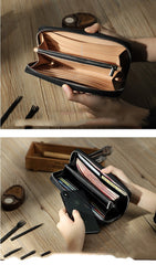 Handmade Black Zipper Mens Clutch Wallet Personalized Black Leather Zipper Clutch for Men