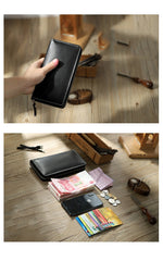 Handmade Black Zipper Mens Clutch Wallet Personalized Black Leather Zipper Clutch for Men