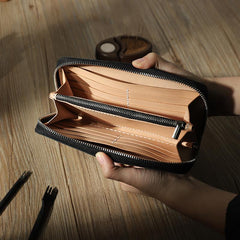 Handmade Black Zipper Mens Clutch Wallet Personalized Black Leather Zipper Clutch for Men