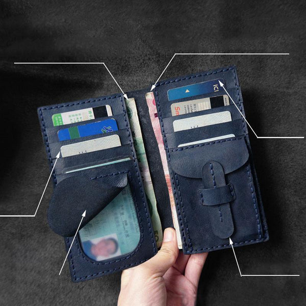 Handmade Leather Mens Bifold Long Wallets Blue Checkbook Wallet Lots Cards Long Wallet for Men