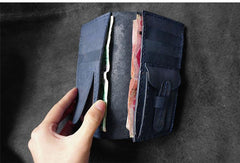 Handmade Blue Leather Mens Bifold Long Wallets Checkbook Wallet Lots Cards Long Wallet for Men