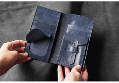 Handmade Blue Leather Mens Bifold Long Wallets Checkbook Wallet Lots Cards Long Wallet for Men