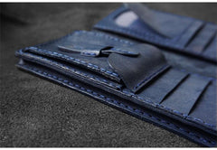 Handmade Blue Leather Mens Bifold Long Wallets Checkbook Wallet Lots Cards Long Wallet for Men