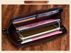 Handmade Bracketplant Black Leather Wristlet Wallet Womens Zip Around Wallets Flowers Ladies Zipper Clutch Wallet for Women