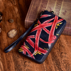 Handmade Bracketplant Black Leather Wristlet Wallet Womens Zip Around Wallets Flowers Ladies Zipper Clutch Wallet for Women