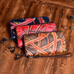 Handmade Bracketplant Leather Wristlet Wallet Womens Zip Around Wallets Flowers Ladies Zipper Clutch Wallet for Women