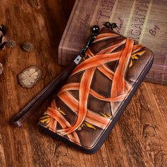 Handmade Bracketplant Black Leather Wristlet Wallet Womens Zip Around Wallets Flowers Ladies Zipper Clutch Wallet for Women
