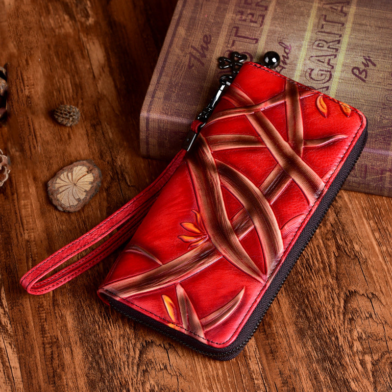 Handmade Bracketplant Black Leather Wristlet Wallet Womens Zip Around Wallets Flowers Ladies Zipper Clutch Wallet for Women