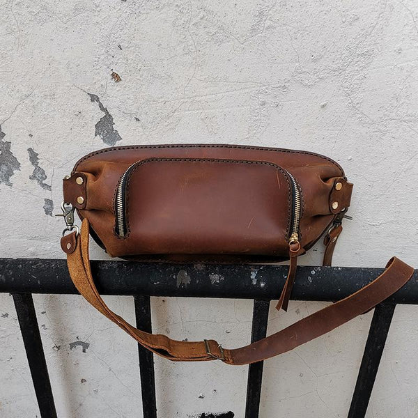 Handmade LEATHER MEN Sling Bag Waist BAG Brown LEATHER Fanny Pack FOR MEN