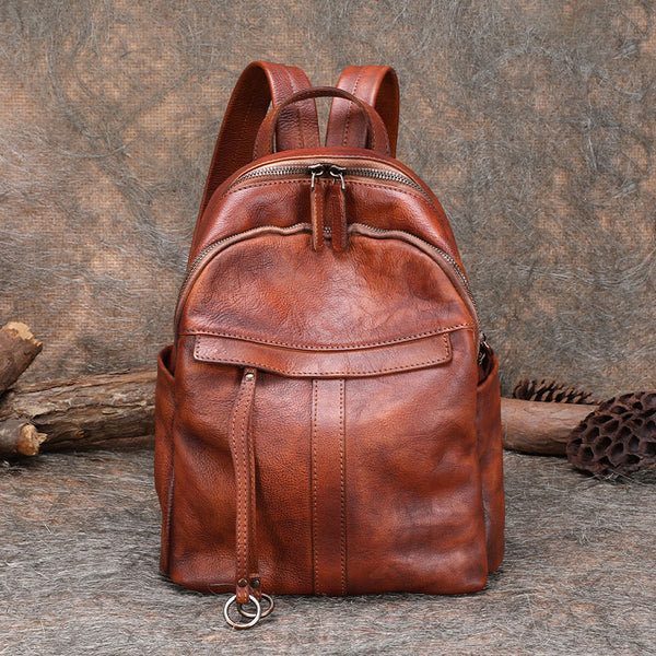 Handmade Brown Leather Backpack Womens Best School - Chain Detail