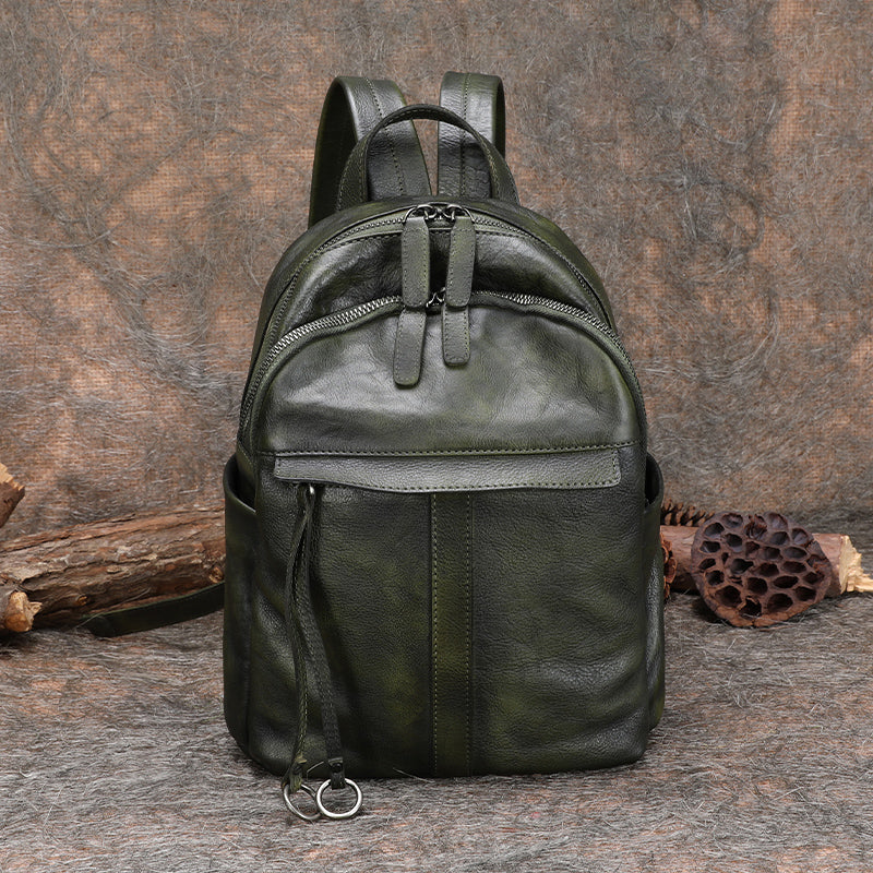 Handmade Green Leather Backpacks Womens Best School Rucksack Ladies Leather Backpack Purses