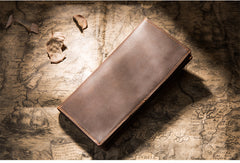 Handmade Brown Leather Long Wallet Bifold Multi Cards Checkbook Wallet for Men