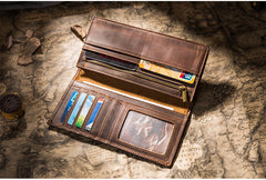 Handmade Brown Leather Long Wallet Bifold Multi Cards Checkbook Wallet for Men