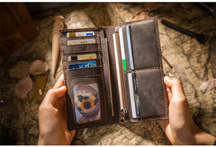Handmade Brown Leather Long Wallet Bifold Multi Cards Checkbook Wallet for Men