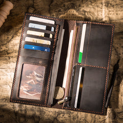 Handmade Brown Leather Long Wallet Bifold Multi Cards Checkbook Wallet for Men