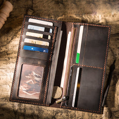 Handmade Brown Leather Long Wallet Bifold Multi Cards Checkbook Wallet for Men