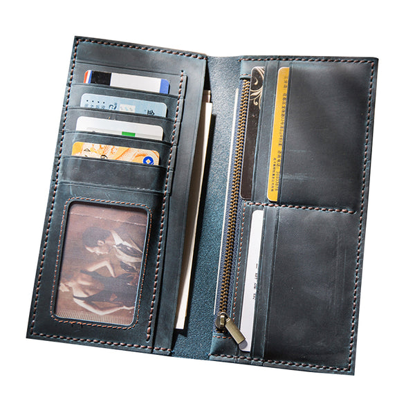Handmade Brown Leather Long Wallet Bifold Multi Cards Checkbook Wallet for Men JXZ01991002
