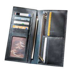 Handmade Brown Leather Long Wallet Bifold Multi Cards Checkbook Wallet for Men