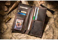 Handmade Brown Leather Long Wallet Bifold Multi Cards Checkbook Wallet for Men