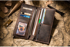 Handmade Brown Leather Long Wallet Bifold Multi Cards Checkbook Wallet for Men