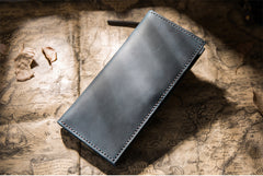 Handmade Brown Leather Long Wallet Bifold Multi Cards Checkbook Wallet for Men