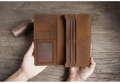 Handmade Brown Leather Mens Bifold Long Wallet Lots Cards Travel Long Wallet for Men