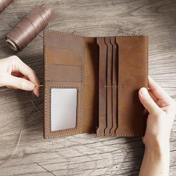 Handmade Brown Leather Mens Bifold Long Wallet Lots Cards Blue Travel Long Walle GJ01981007
